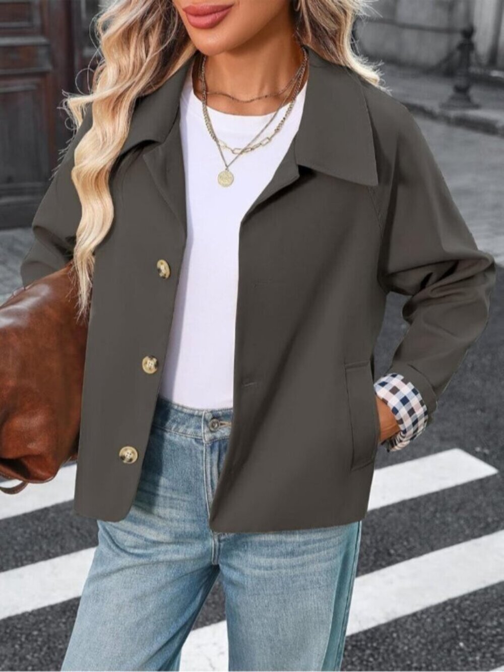 Women Grey Cropped Plaid Cuff Button Front Single Breasted Lining Trench Coat - Picture 4 of 6